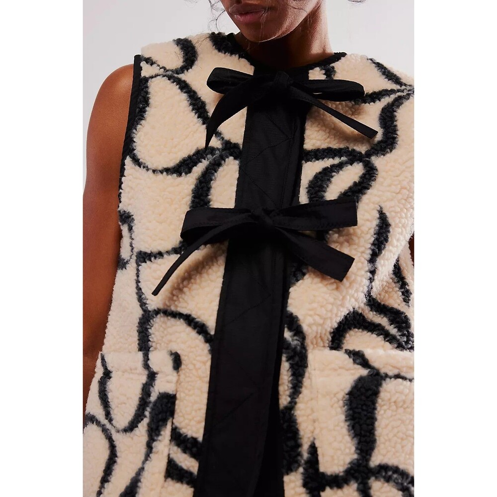 Free People Damson Madder UK 10 US 6 Marta Borg Gilet Bow Vest Teddy Black New - Picture 6 of 16